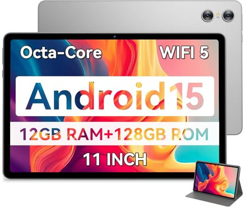 SVITOO Tableta Android, tableta Android 15 de 11 pulgadas 2025, Octa-Core, 12 GB de RAM, 128 GB de almacenamiento, 1 TB ampliable, cámaras duales de 13 MP 5 MP frontal, 8000 mAh, GPS, altavoces duales