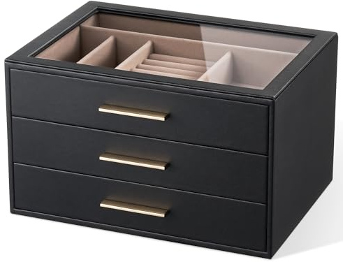 Jewellery Box Organizer Storage Case, 3-Layer with Glass Window, Black