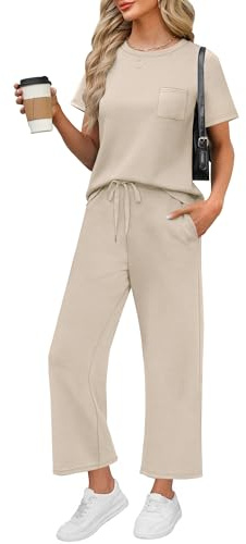 WIHOLL 2-teiliges Set für Damen, lässig, Sommer, Reisen, Urlaub, Outfits, kurzärmelig, weites Bein, bauchfreie Hose, Lounge-Sets