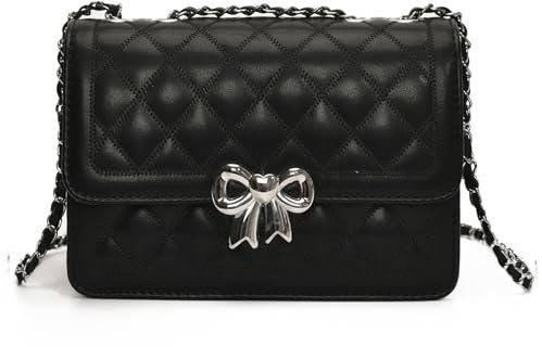 JANSBEN Klein Umhängetasche Damen - Gesteppte Handtasche Leder Schultertasche mit Kettenriemen Mehrere Fächer Clutch Tasche Crossbody Handytasche Schwarz