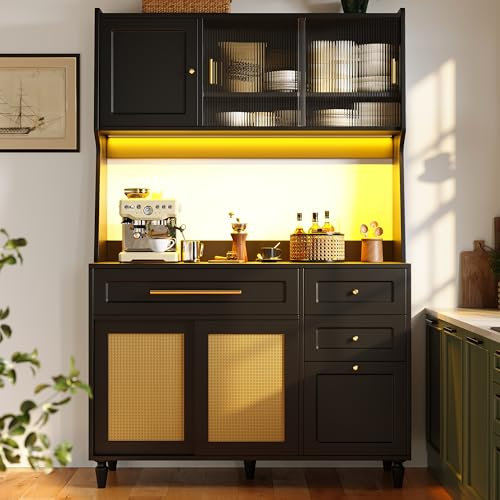 Merax Küchenschrank mit Arbeitsplatte, Hochschrank Buffetschrank, Sideboard mit LED-Beleuchtung, mit 3 Schubladen, Verstellbaren Ablagen, PE-Rattan, Glas Türen, schwarz, 120x45x195,5cm