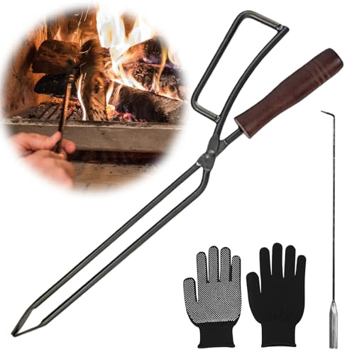 Kaminzange: 42,5 × 13 cm Schwerlast Kaminholzzange mit Holzgriff, Feuerholzzange mit Feuerhaken und Handschuhe, Lange Brennholzzange Kaminzange Feuerholzzange für Lagerfeuer & Kaminöfen