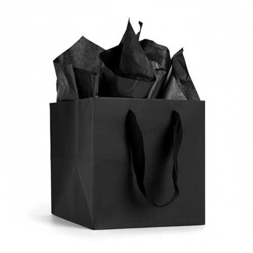 Aosric Black Square Gift Bags with Tissue Paper, 12 Pack 25.4x25.4x25.4cm | Matte Finish, Thick Paper, Large Gift Bags for Gift Sets, Boutique Gifts, Weddings, Birthday, Retail Packaging and Holidays