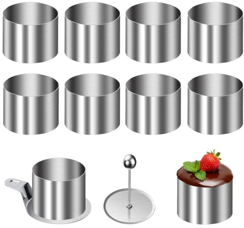10 Stück Dessertringe Edelstahl, Ø 8cm Klein Tortenring Kuchenring Set | Speiseringe Set Mousse Form Servierringe Edelstahl Set, Nahtlose Backringe Tortenring mit Heber Tampfer, für Backen, Dessert