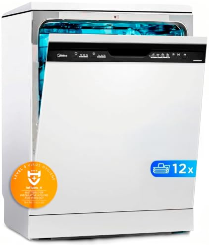 Midea Lavavajillas 60 cm+++ Blanco para 12 servicios - Lavaplatos Libre Instalación con 4 Programas de Lavado, Integrable - Filtro Antibacterias, 49 dB, y Función de Media Carga Nuevo Modelo
