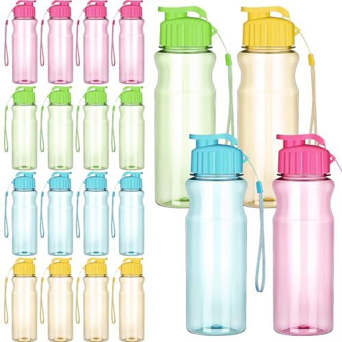 20 Stück Trinkflaschen aus Kunststoff für Erwachsene, 530 ml Sport-Wasserflaschen mit Trageband, Leicht & Auslaufsicher, Flip-Top Trinkbecher für Party & Outdoor (Leuchtende Farben, Heller Stil)