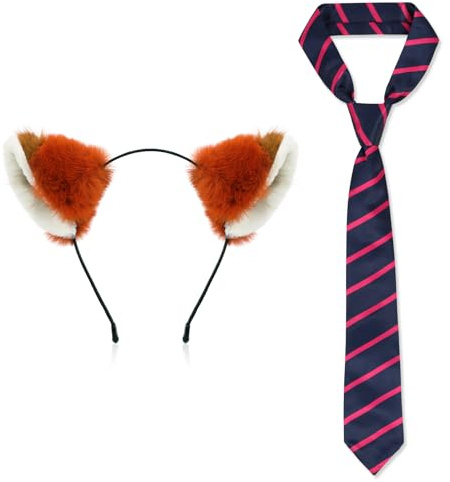 MWOOT Karnevalskostüm, Fuchs Ohren Haarreif, Fuchsohren Cosplay Set, Fell Fuchskostüm mit Gestreifter Krawatte für Halloween, Cosplay, Geburtstagsfeier Zubehör