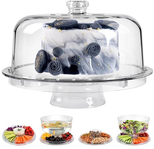 JOCHER Cake Stand with Acrylic Dome Cover, 6-In-1 Multi-Purpose Cake Stand with Lid, 12.2, Acrylic Cake Stand, Veggie Platter, Salad Bowl, Dessert Platter, Punch Bowl, BPA Free