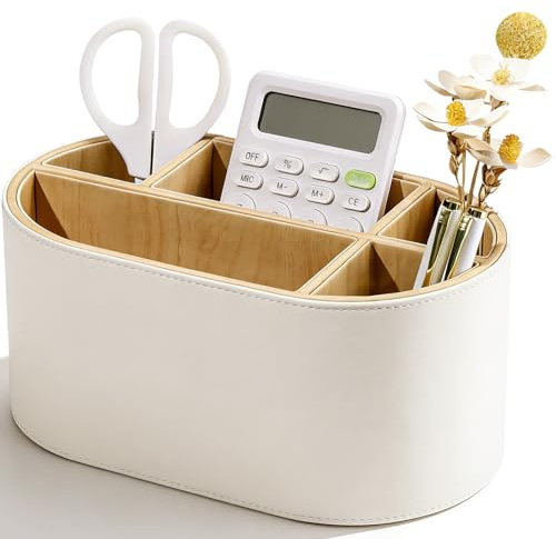 KINGFOM Schreibtisch Organizer aus Leder, Stiftehalter mit 5 Fächern, Ovaler Büro Organizer für Stifte, Fernbedienung & Zubehör, Schwarz, für Büro & Home Office (Weiß)