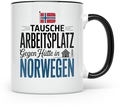 Norwegen Tasse: Tausche Arbeitsplatz gegen Hütte - Skandinavien Geschenkidee, Norwegen Urlaub, Auswandern, Skandinavienfan, Hüttenurlaub (Schwarz)