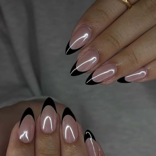 Black French Tip False Nails - 24Pcs Long Almond Press on Nails - Black French Tip Nude Chrome Nails - Full Cover Nail Tips Acrylic Press on Nails - Stick on Nails for Women
