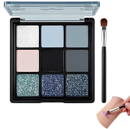 Palette Ombretti Occhi 9 Colori con Pennello, Ombretto Glitter e Opaco per Smokey Eyes, Nero Argento Grigio Rosa Viola, Alta Pigmentazione Lunga Durata, Ideale per Look Gotico e Makeup Professionale