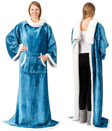 Premium Sherpa Fleece Blanket with Sleeves for Adult Women, Men | Cozy, Warm, Super Soft, Plush Blue Wearable Throw for Couch, Sofa | Lightweight Microfiber (Teal)