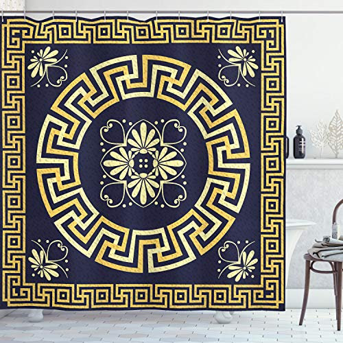 ABAKUHAUS Greek Key Duschvorhang, Retro Frühling Meander, Stoffliches Gewebe Badezimmerdekorationsset mit Haken, 175 x 240 cm, Dunkelblau Gelb