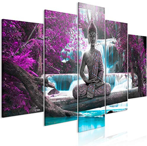 decomonkey Bilder Buddha 100x50 cm 5 Teilig Leinwandbilder Bild auf Leinwand Wandbild Kunstdruck Wanddeko Wand Wohnzimmer Wanddekoration Deko Zen Orient Landschaft
