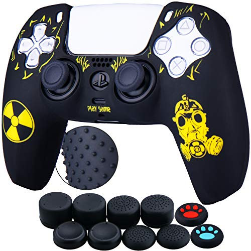 YoRHa Hintere Punkte Carving Silikon Hülle Abdeckungs Haut Kasten für PS5 Controller x 1 (Strahlungsgelb) mit Pro Aufsätze Thumb Grips x 10
