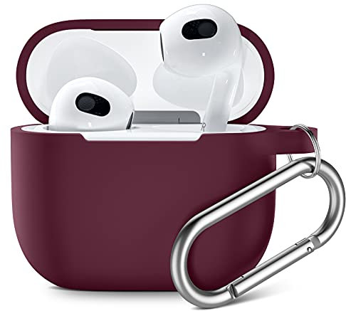 Upeak Compatible with AirPods 3rd Generation Case 2021, Fully Wrapped Silicone Protective Case Cover Shock Absorption for Apple AirPods 3 Case, With Keychain, Wine Red