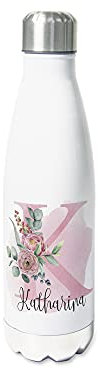 GRAZDesign Trinkflasche Edelstahl personalisiert Name, auslaufsicher Einschulung Geschenk, Thermosflasche Sportflasche Kinder/Erwachsene 500ml Pfingstrose und Eukalyptus