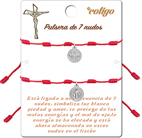 Braccialetto con 7 nodi e bracciale in filo rosso di destino - Braccialetto Kabbalah in corda per suerte, amicizia, tibetano e amuleto - regolabile - Protezione contro il malocchio