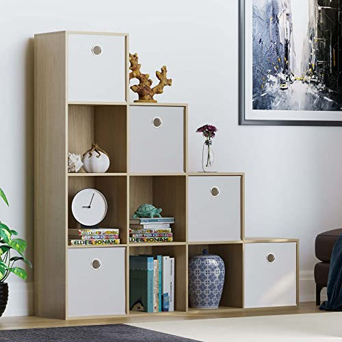 Vida Designs Durham Staircase Bookcase Shelves Storage Organiser Living Room Furniture (10 Cube & 5 White Baskets, Oak)