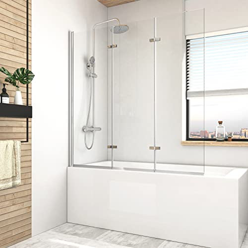 S'AFIELINA Duschwand für Badewanne 130x140 cm, 3-teilig Faltbare Badewannenfaltwand mit 6mm ESG-Klares Sicherheitsglas Duschabtrennung Badewanne NANO einfach-Reinigung Beschichtung