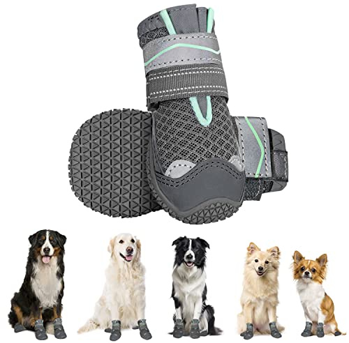 Eyein 2 Stück Hundeschuhe Pfotenschutz, Atmungsaktiv & Reflektierend | Rutschfester Sohle und Doppelt Verstellbare Klettverschlüsse für Innen & Outdoor Wanderungen, Kälte/Wärme (Grau, Größe 2)