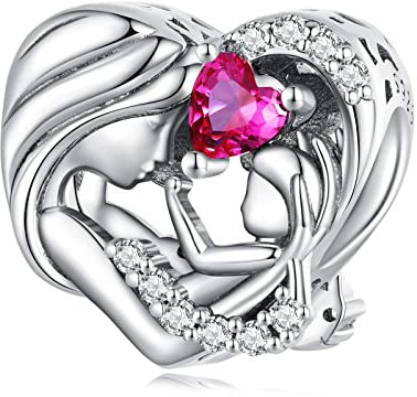 NINGAN 925 Sterling Silber Perlen Herz Charme von Mutter und Baby Glänzender Rubin Lady Armband Charm Geschenk für Mama