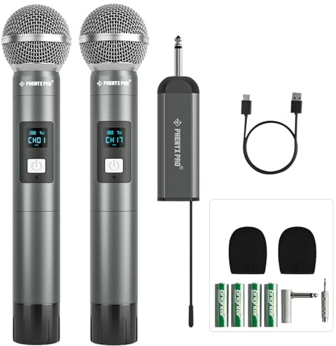 Phenyx Pro Dual Digital Wireless Microphone System, w/2 Handheld Dynamic Microphones,15 UHF Frequency Groups, Mini Receiver, Metal Cordless Microphone for Karaoke,Church,DJ,Singing (PDP-2-2H)