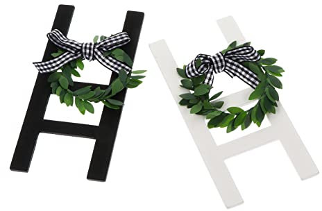 ORFOFE 2 Pcs Farmhouse Ladder Decor Garland Wreath, Wooden Wall Decoration Frames, Rustic Country Style, Photo Prop for Home and Living Room, Black and White Finish