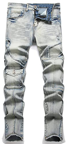OIIIO Men's Patch Ripped Stretch Regular Fit Jean, 6631-gray Blue, 34