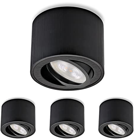 Sweet Led 4x Deckenspots Schwarz Gebürstet – Aufbauspots Flach & Schwenkbar Ø80x50mm – wechselbares LED Modul 5W 3000K Warmweiß – Aufbaustrahler 230V Aluminiumgehäuse