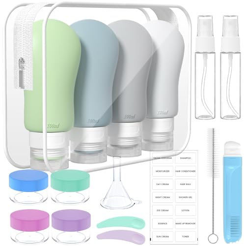 100ml x 4 Silikon Reiseflaschen Set - Reiseflaschen Zum Befüllen Toilettenartikel 17 Stück Portable Reise Container für Shampoo Lotion Auslaufsicher Nachfüllbare TSA geprüft und BPA frei, Dunkel