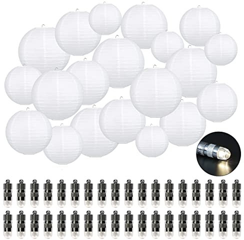 DAZONE 36 Stück Weiß Papier Laterne Papier Lampions Outdoor Papierlaterne Lampenschirm mit 36er Warmweiße Mini LED-Ballons Lichter Hochtzeit Party Deko
