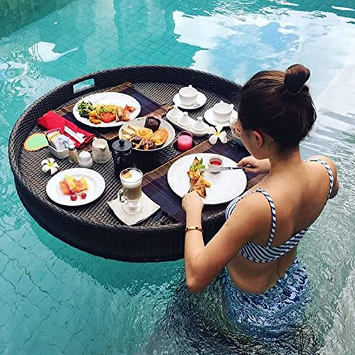 Rattan Floating Serving Tablett, runder Swimmingpool schwimmt für Erwachsene Spas, Bad und Partys, schwimmende Tablett für Pool -Serviergetränke, Brunch, Partys Hochzeitsfotografie ,Black-60cm