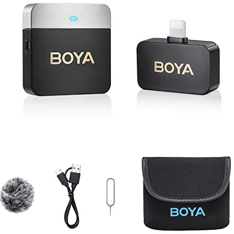 BOYA BY-M1V5 Kabelloses Lavalier-Mikrofon, Dual-Mini-iPhone-Mikrofon, Play & Play mit Geräuschunterdrückung und Mono/Stereo für iPhone 14/13/iPad, YouTube/Vlog/Interview/Podcast