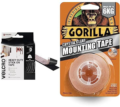 VELCRO Brand Heavy Duty Stick On Tape Cut-to-Length Industrial Extra Strong Double Sided Hook & Gorilla Double Sided Mounting Tape Clear 1.5m, Pack of 1