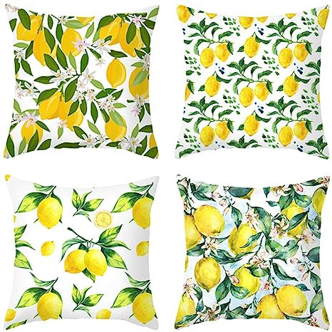 4er Kopfkissenbezug 45x45cm, Kissenhülle Set Gelb Grün Weiß Zitronen-Muster Polyester Kissenbezug Sitzkissen Dekokissen Couchkissen Dekoration