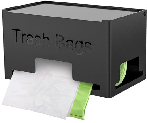 STWWO Trash Bag Holder, Metal Trash Bag Dispenser Roll Holder, Kitchen Trash Bag Organizer for Cabinet, Countertop, Wall Mounted or Freestanding, Black (H-TBH-B)