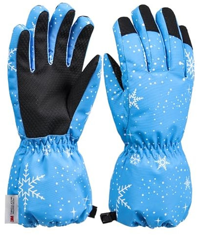 QKURT Kinder Ski Handschuhe, Warme Winter Fäustlinge für Jungen und Mädchen, Wasserdicht, Flexibel, Blau, 1 Paar