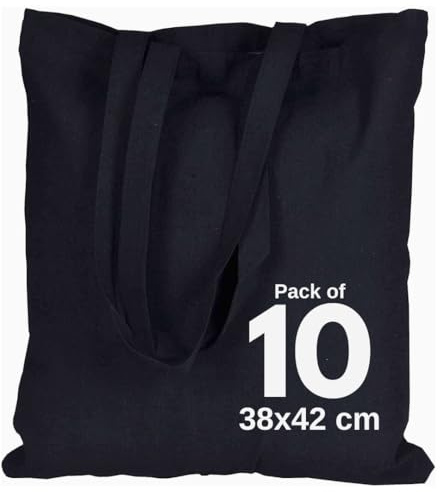 DRAPES & DECOR Cotton Canvas Plain Tote Bags to Decorate in Bulk Pack of 5/10/25/50, 145gsm 100% Natural Cotton Premium Fabric Blank Reusable Large Canvas bag -38 X 42 cm+65cm long Handles (10, Black)