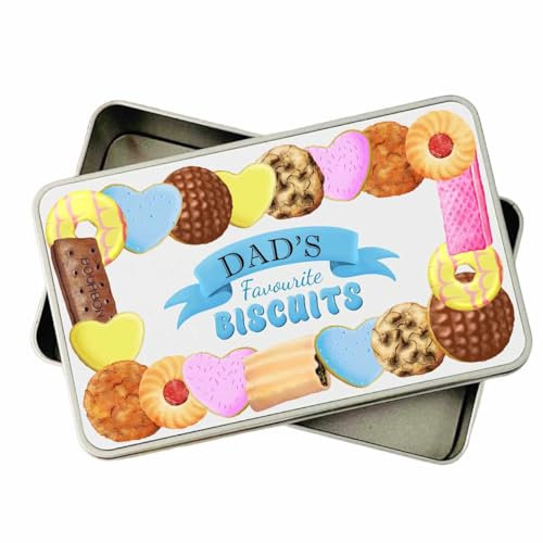Personalised Biscuit Tin gift for mum dad nana grandad friend teacher with cute biscuit design custard cream, bakewell, iced ring, gingernut