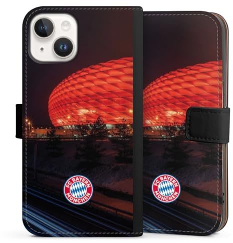 Klapphülle kompatibel mit Apple iPhone 14 Handyhülle aus Kunst Leder schwarz Flip Case FC Bayern München FCB Stadion