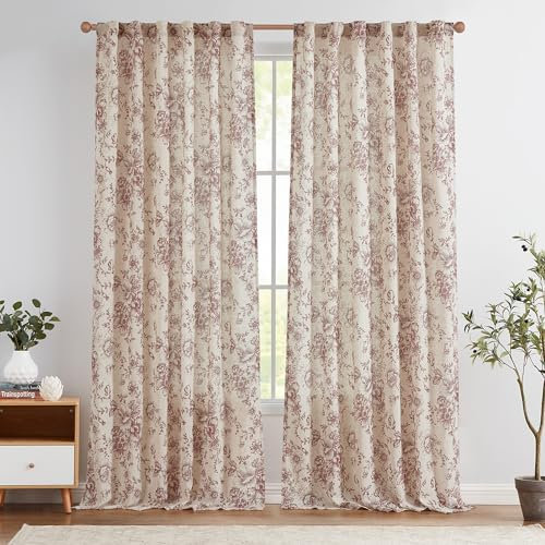 TOPICK Leinen Gardinen Floral Vorhänge mit verdeckten Schlaufen Lichtdurchlässig Bauernhaus Lang Gardinen Fensterschal für Wohnzimmer Schlafzimmer Fenster,2er Set 140 B x 245 H (cm),Rot auf Beige
