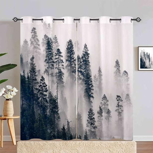 ANHOPE Natur Misty Wald Nebelig Berg Gardinen Blickdichte mit Ösen Weich Thermo Vorhänge Blackout Curtain Vorhang Wohnzimmer Schlafzimmer Verdunklungsvorhänge 2er Set H 245 x B 140 cm
