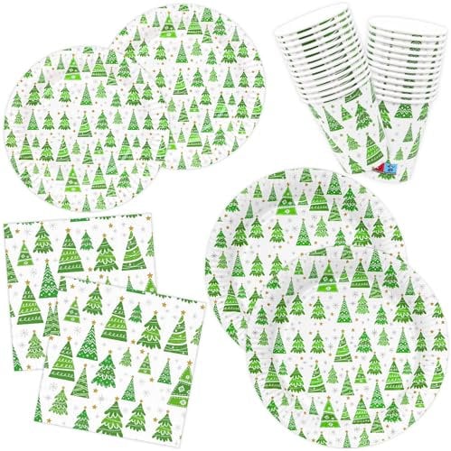 HNH Assiettes de Noël, Forêt verte Lot de 100 Serviettes de table Assiettes à dessert et Gobelets en papier Vaisselle de fête jetables pour Noël