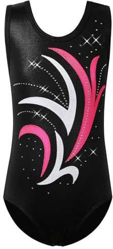 HUAANIUE Mädchen Turnanzug 3-14 Jahre, klassische Gymnastikanzüge ohne Ärmel & 3/4-Ärmel, Strasssteine, Farbverläufe, elastisch & bequem, ideal für Tanz & Ballett (Leuchtend Rosa Schwarz, 7-8 Jahre)