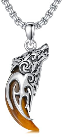 HARMONY BOLA Wolf Halskette 925 Sterlingsilber Tigerauge Wolfszahn Anhänger Wolf Schmuck Geburtstags und Weihnachtsgeschenke für Männer