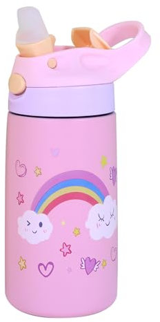 iZEL Kids Botellas de agua de 400 ml con pajilla para niños y niñas, botella de agua de acero inoxidable para la escuela, aislada al vacío, sin BPA, a prueba de fugas, botella de metal de doble pared