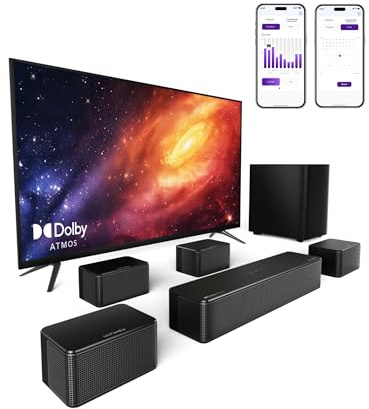 ULTIMEA Barra de sonido de 7.1 Ch con Dolby Atmos, control de aplicaciones, sistema de sonido envolvente para TV, 4 altavoces envolventes con cable, barra de sonido para TV con subwoofer inalámbrico