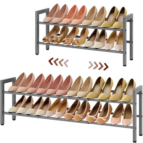 FAVOOSTY 2 Ebenen Schuhregal Metall Ausziehbares Grau, Verstellbar Platzsparend, Shoes Rack, Robustes Schuhständer für Eingangsbereich, Schlafzimmer